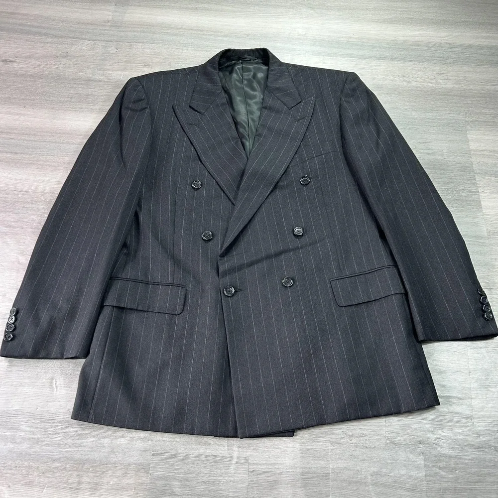 Vintage‎ Hickey Freeman Suit Jacket Mens 44 Wool Pinstripe Double Breasted USA